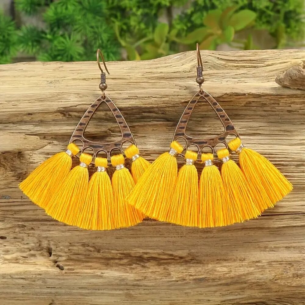 NEW pair BOHO Yellow tassel earrings, trendy vintage jewelry, retro earrings